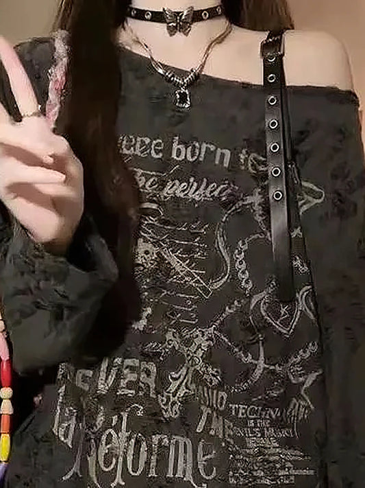 Vintage Y2K Oversize Off shoulder T shirt With Print Women Ripped