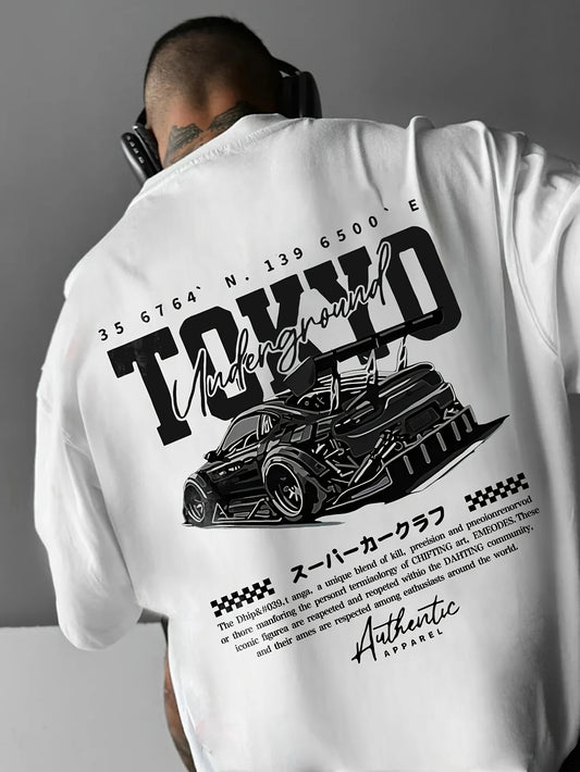 Men's short-sleeved t-shirt, printed with racing cars English graphics