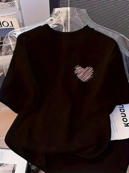 Plus - Size Women's Short - Sleeve T - shirt, Pink Heart Print, Minimalist & Cute