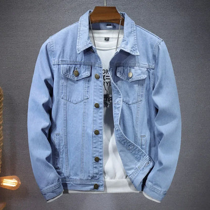 2026 New Men Pure Colour Denim Jacket Single-breasted Lapel Daily