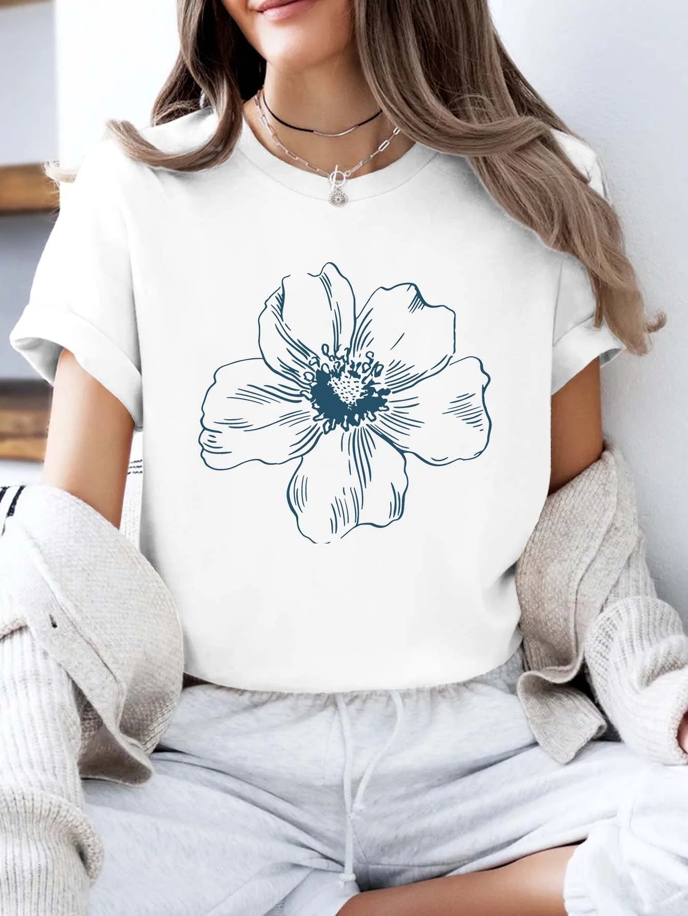 Plus - Size Minimalist Flower Print Tee - Artistic Short - Sleeve Top