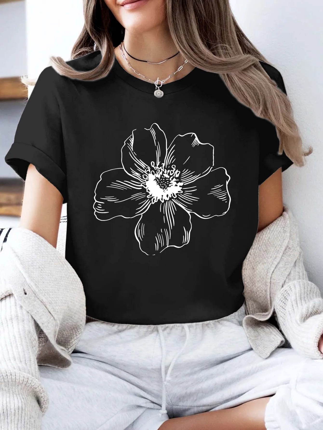 Plus - Size Minimalist Flower Print Tee - Artistic Short - Sleeve Top
