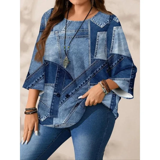 Plus Size Fashion Women's V-neck Loose T-shirt Tops Ladies Long Sleeve