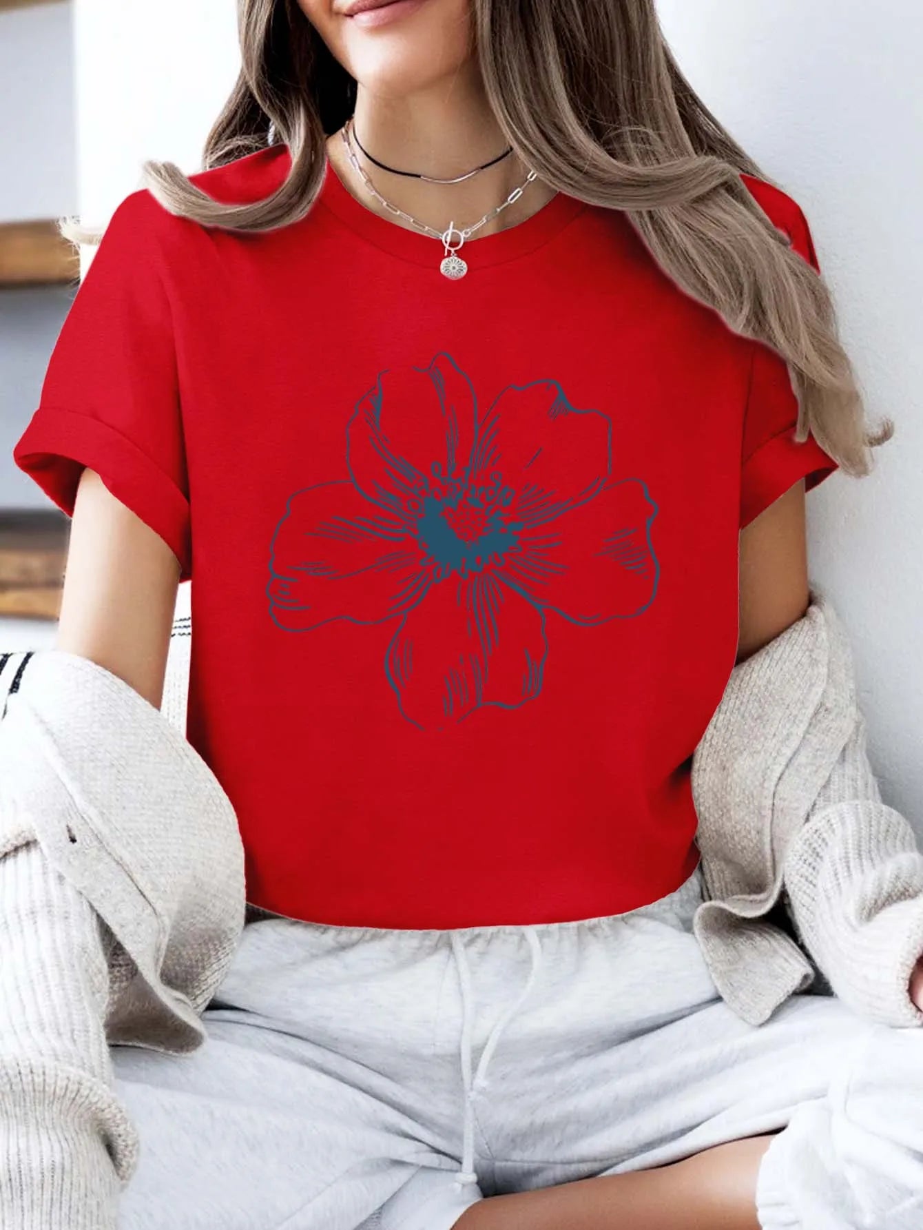 Plus - Size Minimalist Flower Print Tee - Artistic Short - Sleeve Top