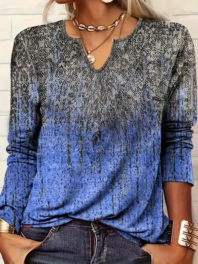 Women's Long Sleeve V-Neck T-Shirt Printed Casual Loose Top