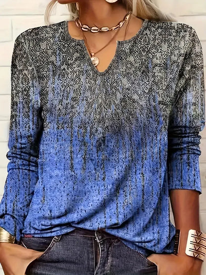 Women's Long Sleeve V-Neck T-Shirt Printed Casual Loose Top