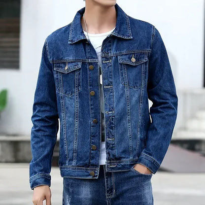 2026 New Men Pure Colour Denim Jacket Single-breasted Lapel Daily
