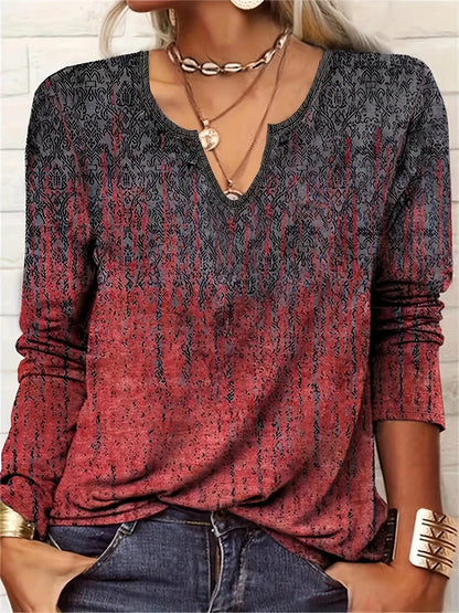 Women's Long Sleeve V-Neck T-Shirt Printed Casual Loose Top