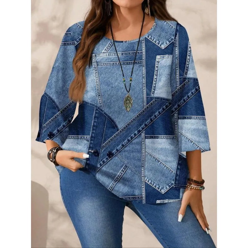 Plus Size Fashion Women's V-neck Loose T-shirt Tops Ladies Long Sleeve