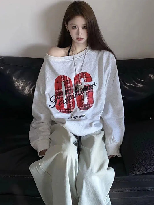 Y2k Sport Casual Oversize T shirt Women Long sleeve Off shoulder