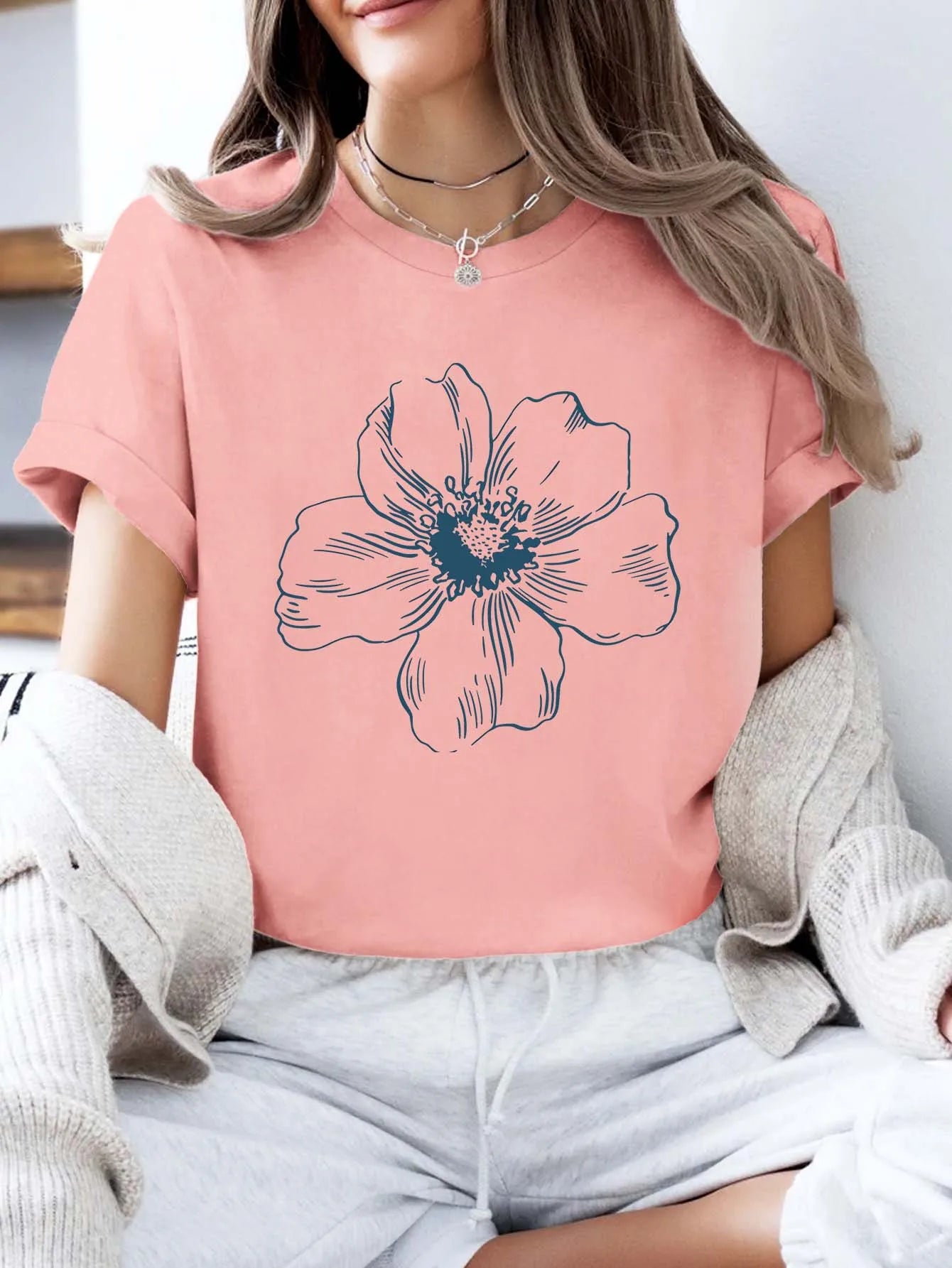 Plus - Size Minimalist Flower Print Tee - Artistic Short - Sleeve Top