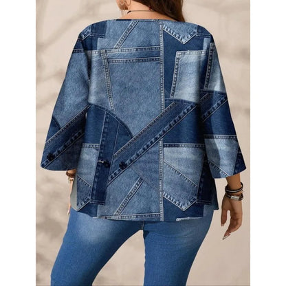 Plus Size Fashion Women's V-neck Loose T-shirt Tops Ladies Long Sleeve