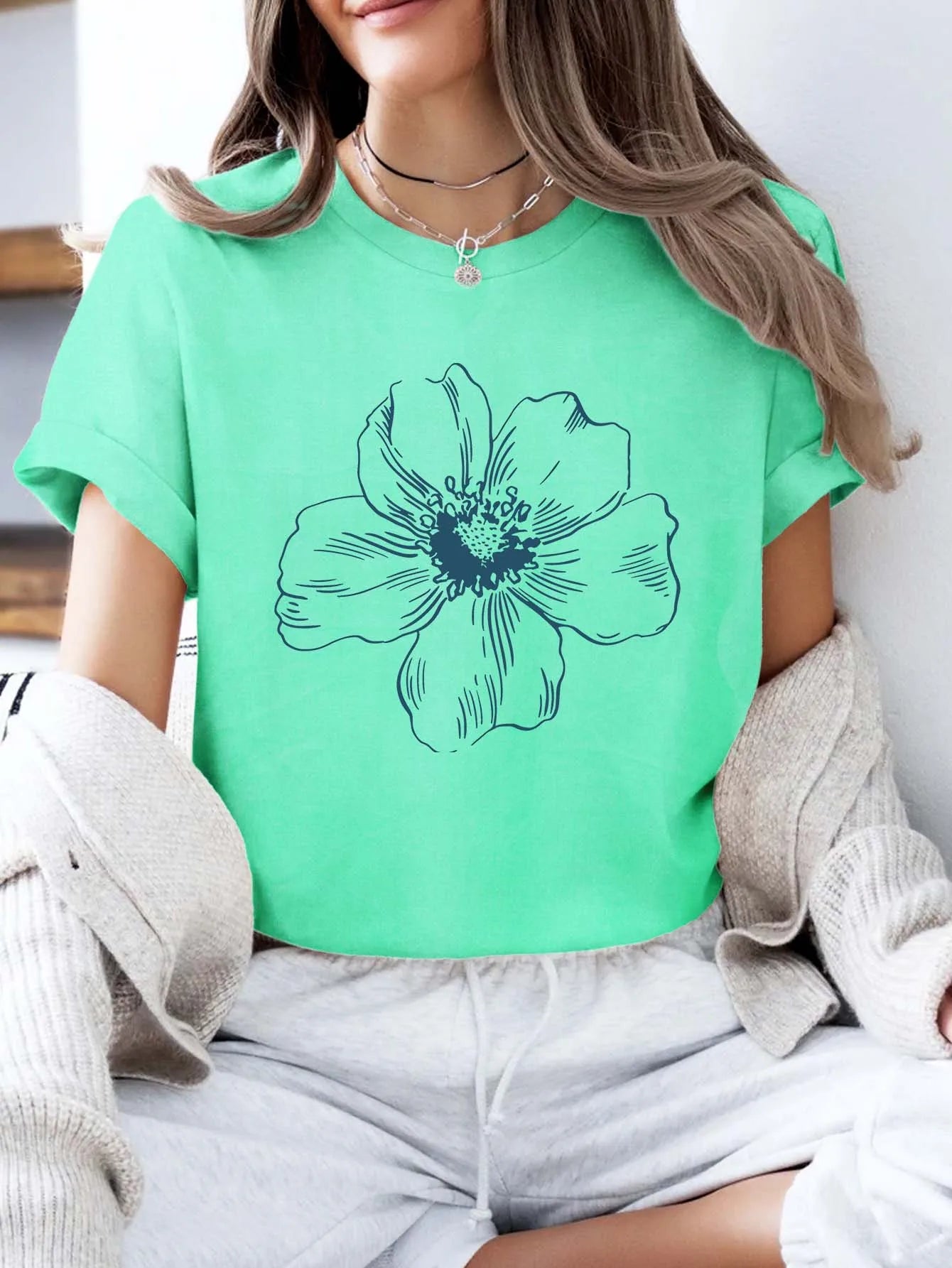 Plus - Size Minimalist Flower Print Tee - Artistic Short - Sleeve Top
