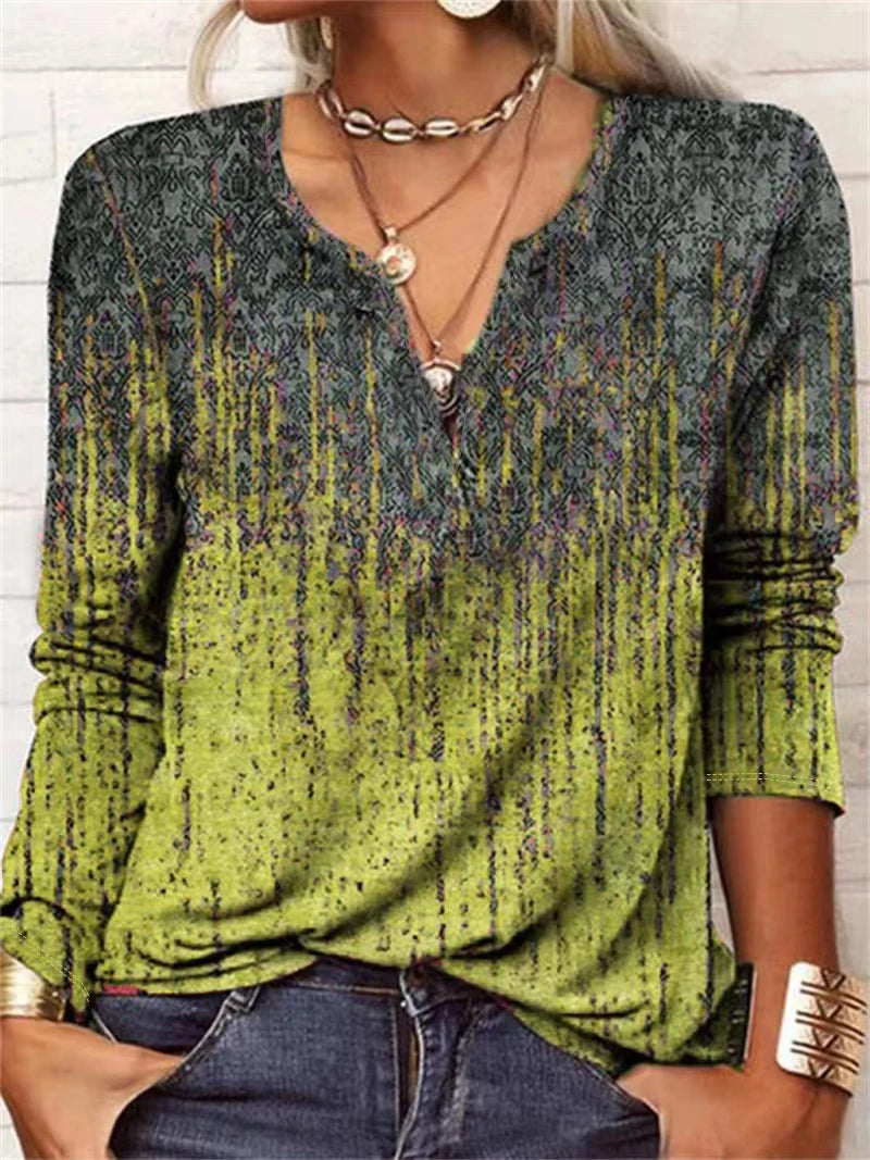 Women's Long Sleeve V-Neck T-Shirt Printed Casual Loose Top