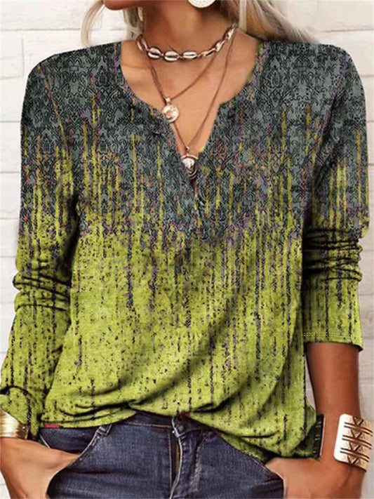 Women's Long Sleeve V-Neck T-Shirt Printed Casual Loose Top